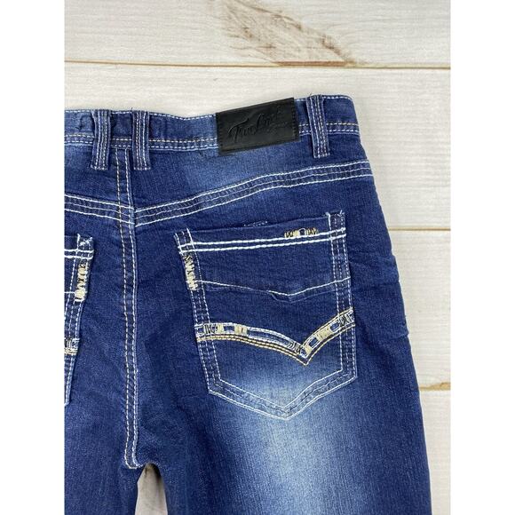 True Luck Jeans Mens 36x30 Blue Denim Dark Wash Straight Leg Distressed Stretch - Picture 8 of 10